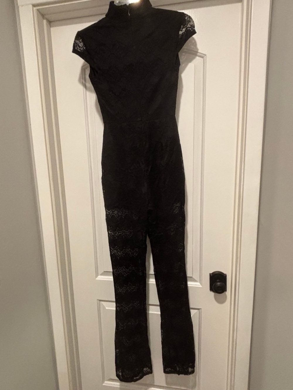 bebe Black Lace High-Neck Short-Sleeve Jumpsuit